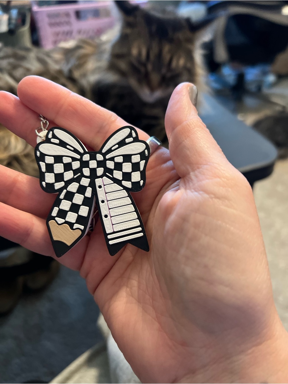 Black & White Checkerboard Bow Keychain Charm - Kids Accessories